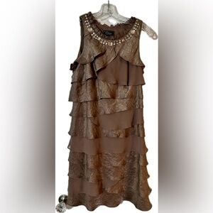 Dressbarn Taupe sleeveless Layered  Dress with embellished neckline